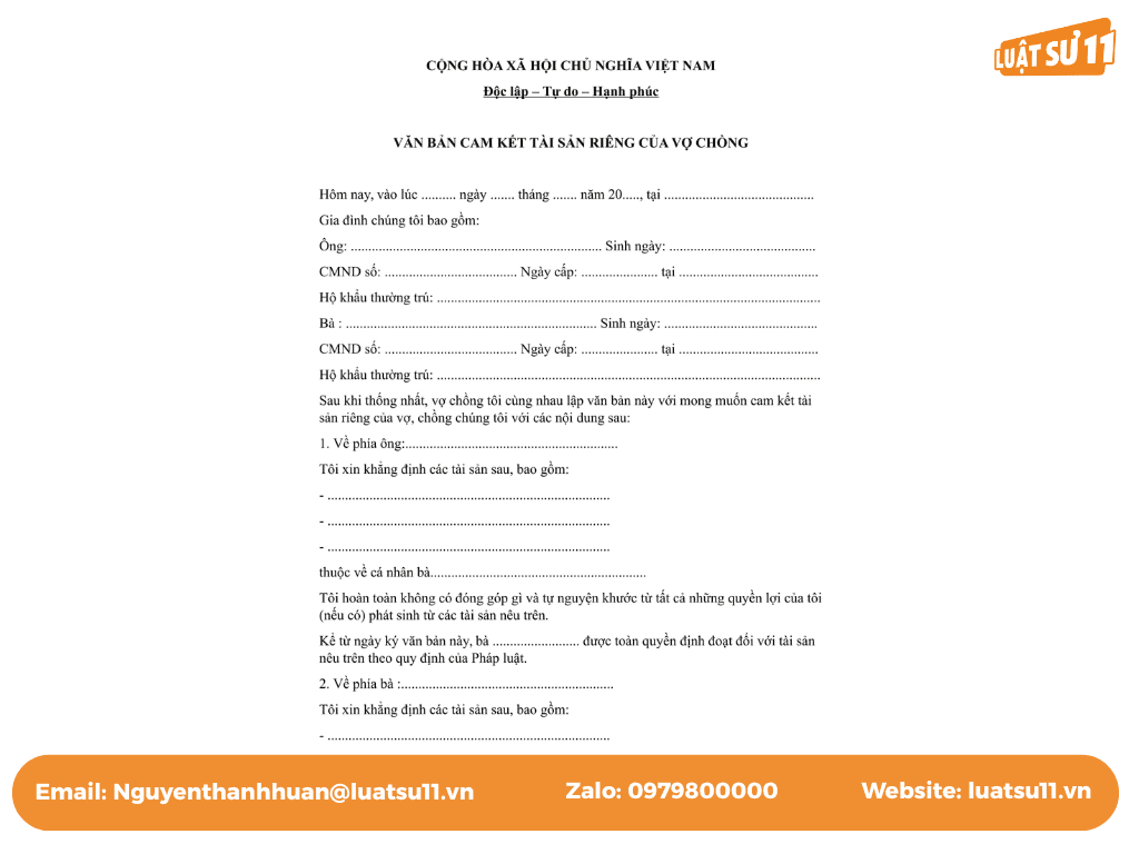 giấy xác nhận tài sản riêng vợ hoặc chồng