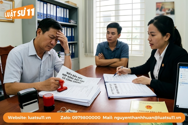 Hai bên cùng đến phòng công chứng để ký văn bản hủy đặt cọc