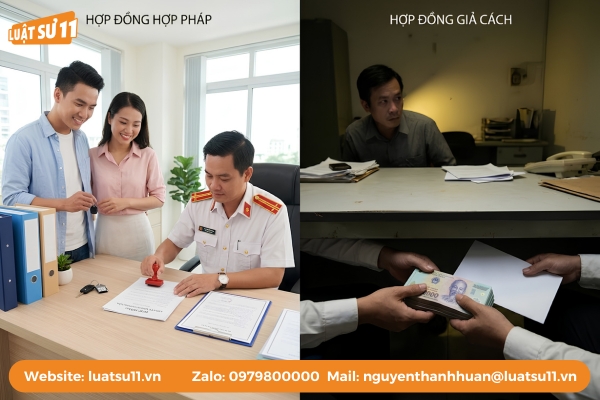 Hợp đồng hợp pháp là mua bán thật, trong khi đó hợp đồng giả cách là che giấu giao dịch
