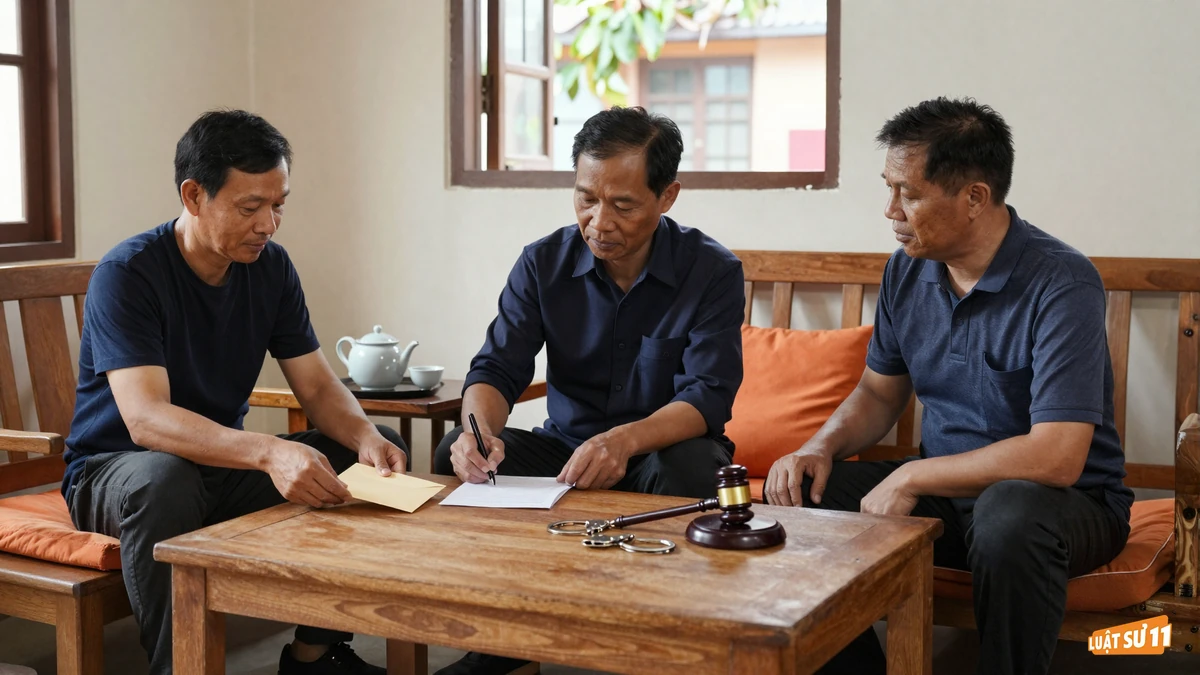 Hai người ngồi bên bàn trà trong phòng khách, trao phong bì và ký giấy biên nhận