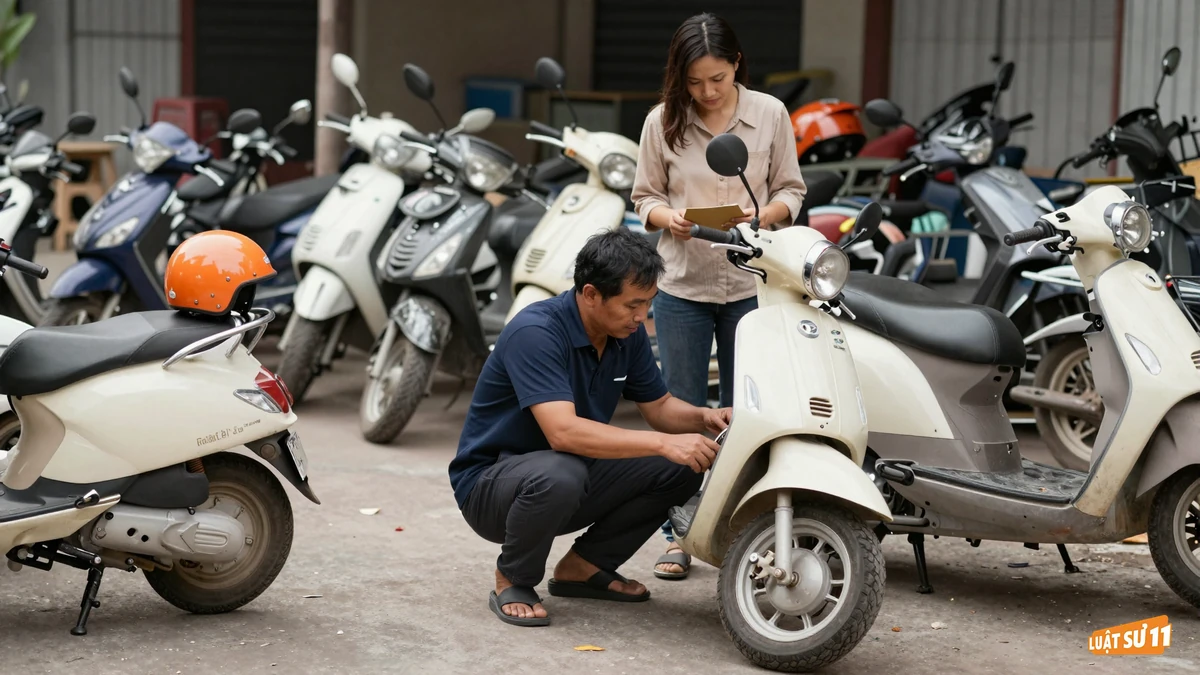 Hai người đang xem xét kỹ một chiếc xe máy cũ trong bãi xe ngoài trời