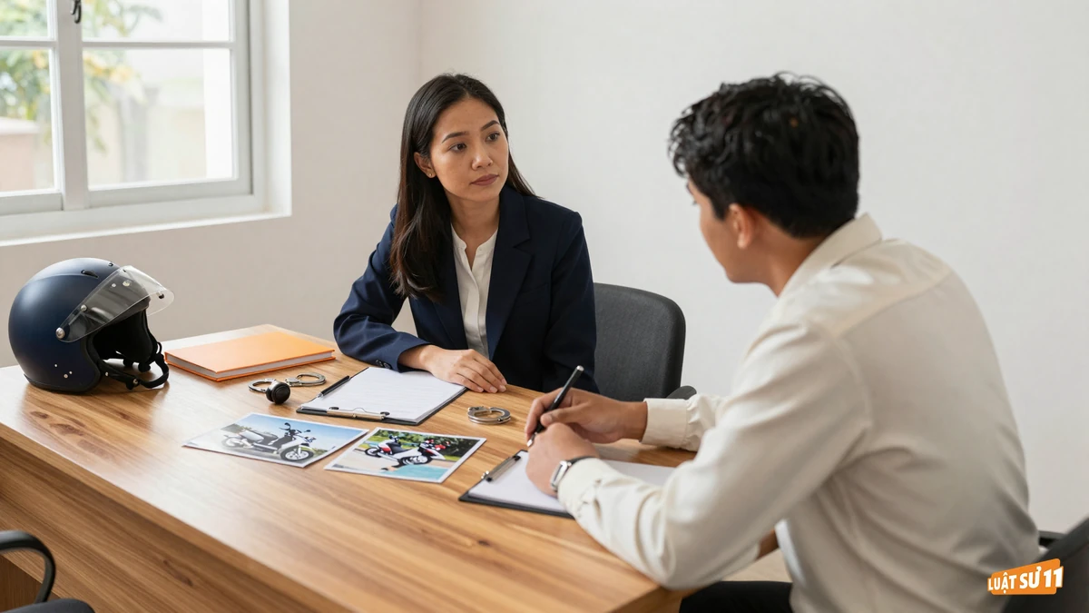 Luật sư trao đổi với khách hàng bên bàn gỗ có chìa khóa và ảnh xe máy