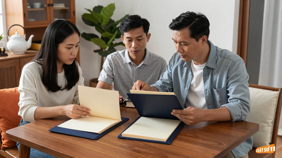 Hai anh em ngồi bên bàn ăn gia đình, sắp xếp giấy tờ vào bìa hồ sơ