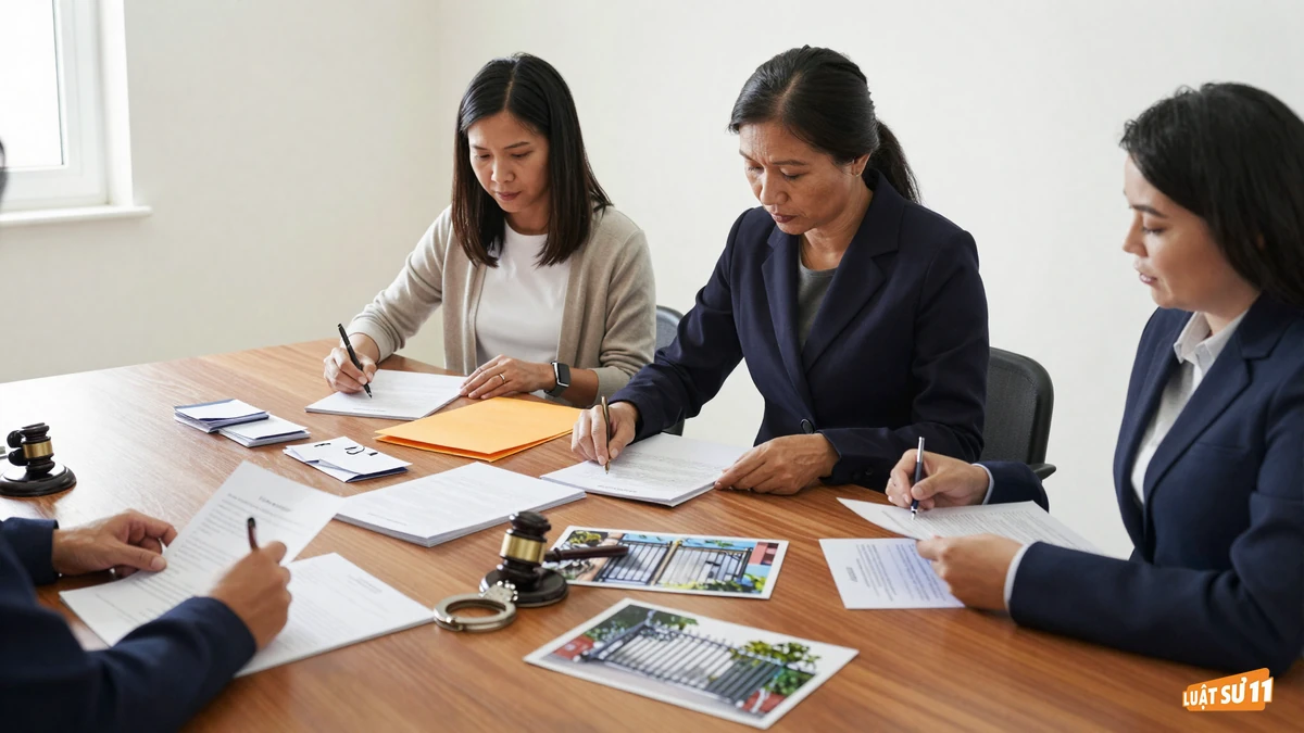 Người phụ nữ cùng luật sư sắp xếp thư tay, biên nhận và ảnh chụp thành từng xấp trên bàn gỗ