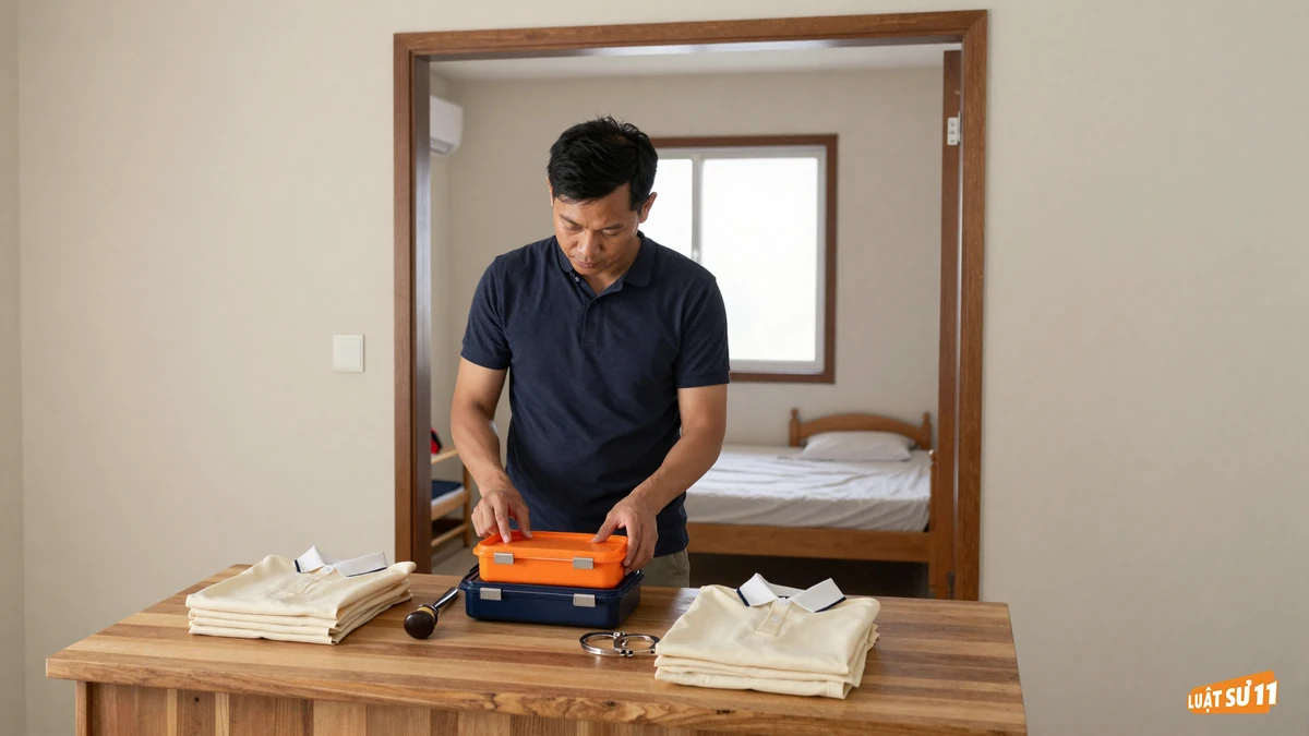 Người cha chuẩn bị hai hộp cơm cho con trong bếp, phía sau là phòng ngủ có hai giường nhỏ
