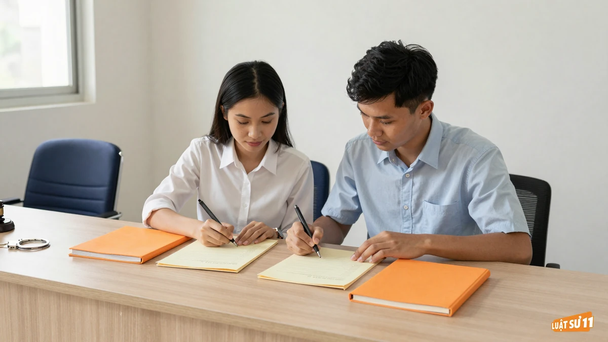Đôi nam nữ trẻ ngồi cạnh nhau tại quầy gỗ, cùng ký vào tờ giấy màu kem