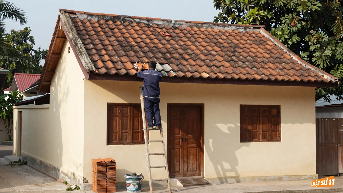 Người đàn ông đứng trên thang gỗ thay ngói cũ cho mái ngôi nhà cấp bốn hiện có