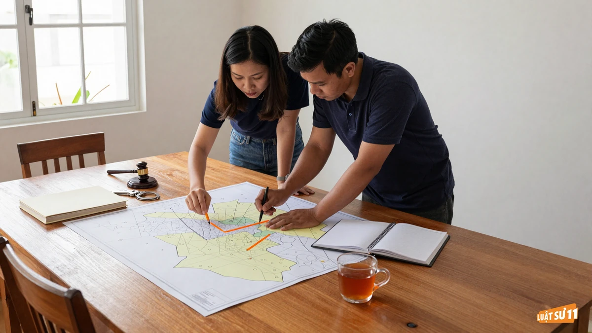 Hai người ngồi bên bàn gỗ đối chiếu bản đồ thửa đất với giấy chứng nhận