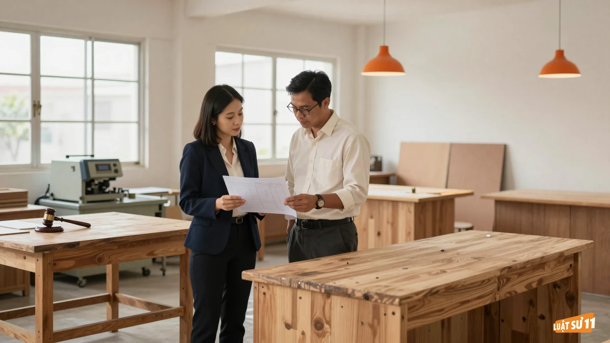 Hai người kinh doanh xem sơ đồ mặt bằng trong xưởng sản xuất cũ đang được chuyển thành phòng trưng bày