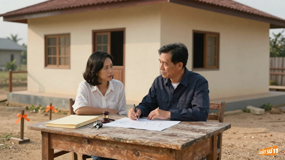 Hai vợ chồng ngồi bên bàn gỗ trước hiên nhà, xem hồ sơ, cạnh sân có cọc mốc
