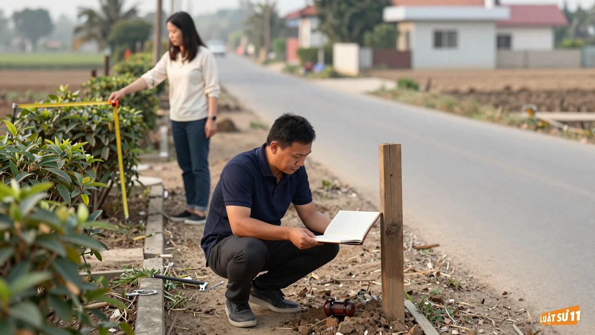 Hai người đối chiếu giấy tờ đất với cọc ranh giới và đo đạc trên thửa đất thực tế