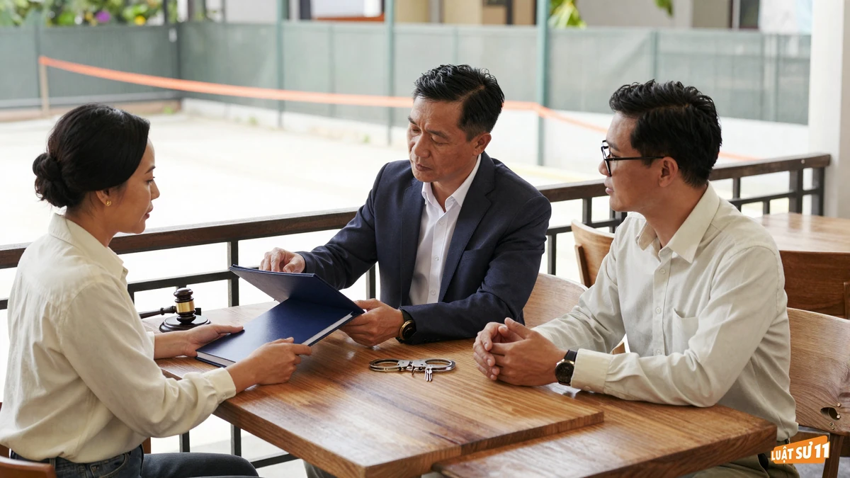 Người bán đưa tập hồ sơ và chìa khóa cho người mua đang cân nhắc tại bàn gỗ quán cà phê