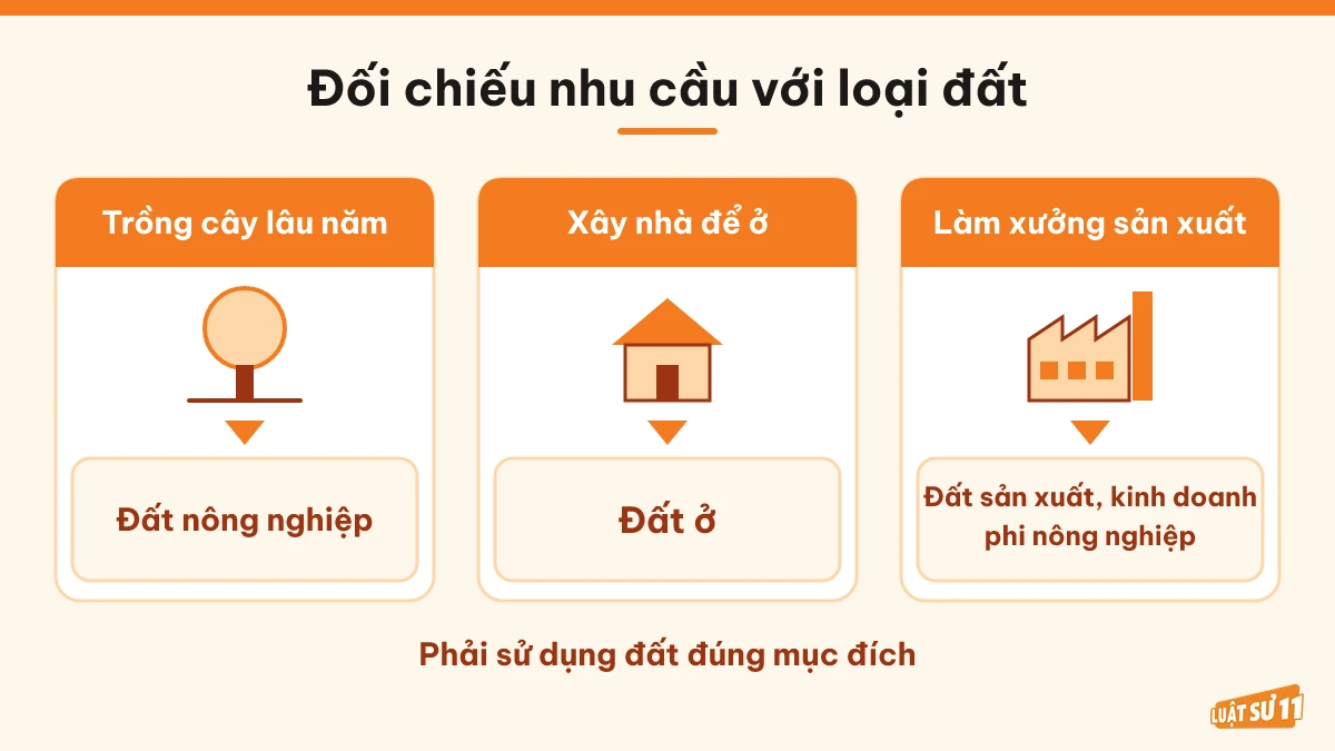 So sánh nhu cầu trồng cây, xây nhà, làm xưởng với loại đất cần đối chiếu