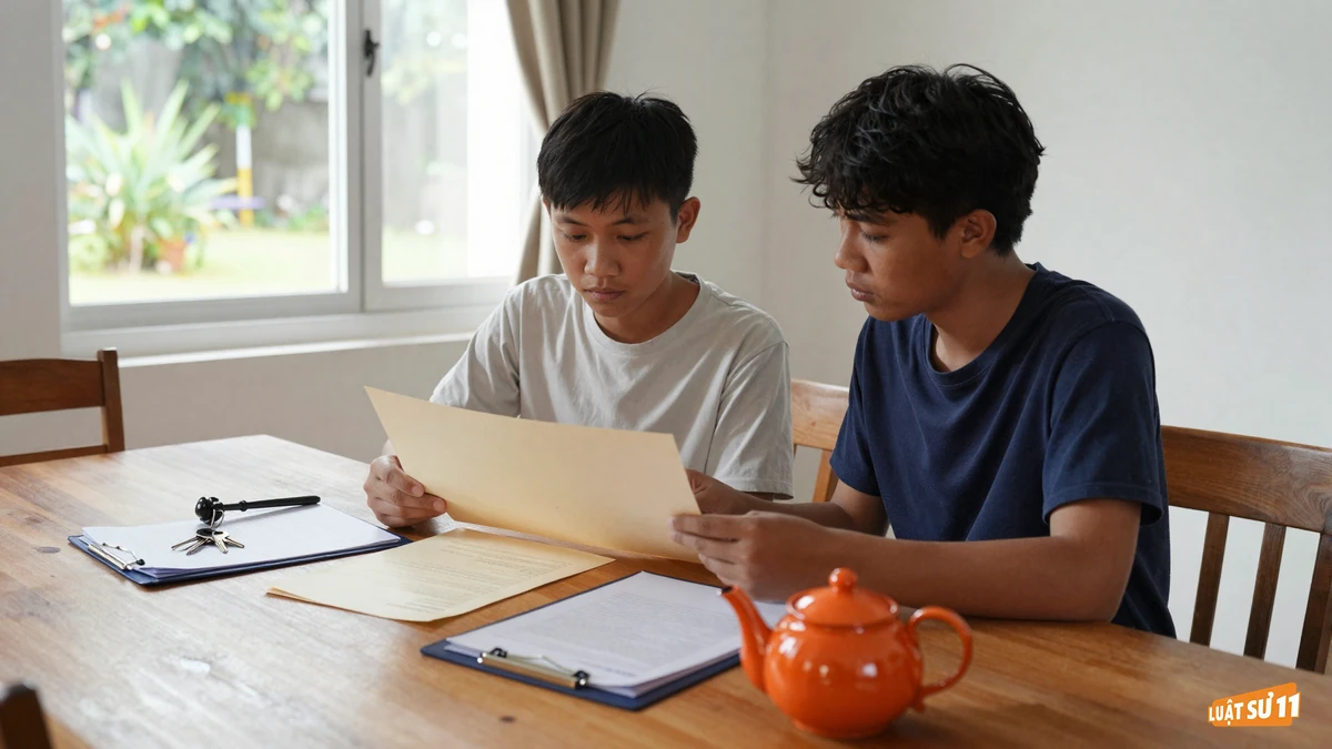Hai anh em cùng đọc bản di chúc bên bàn gỗ, cạnh chùm chìa khóa nhà
