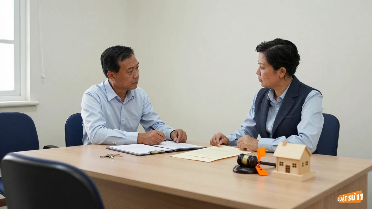 Người đàn ông trao đổi với nhân viên ngân hàng bên hồ sơ nhà đất và di chúc