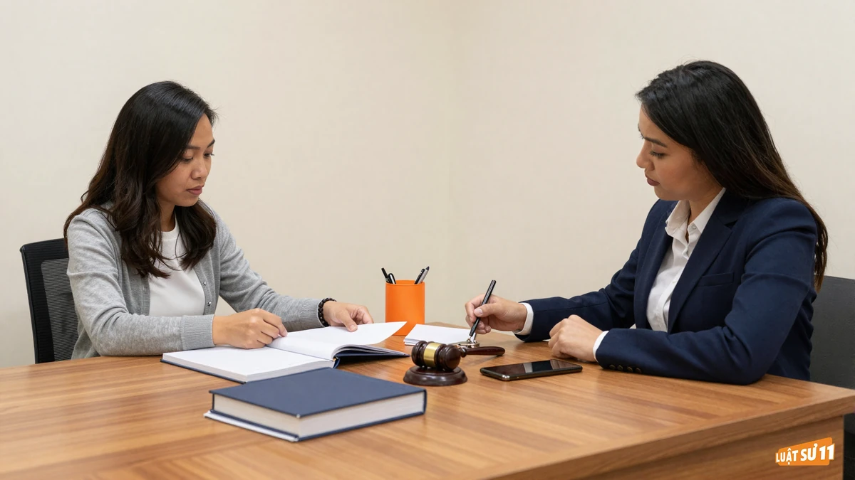 Người phụ nữ sắp xếp sổ ghi chép, giấy tờ úp mặt và điện thoại trên bàn gỗ trước luật sư