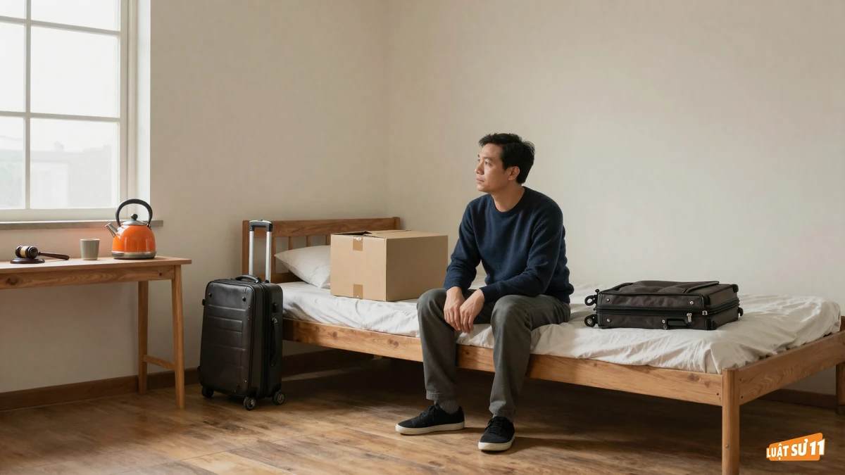 Người đàn ông ngồi lặng lẽ trong căn phòng thuê nhỏ bên vali và thùng đồ chưa dỡ