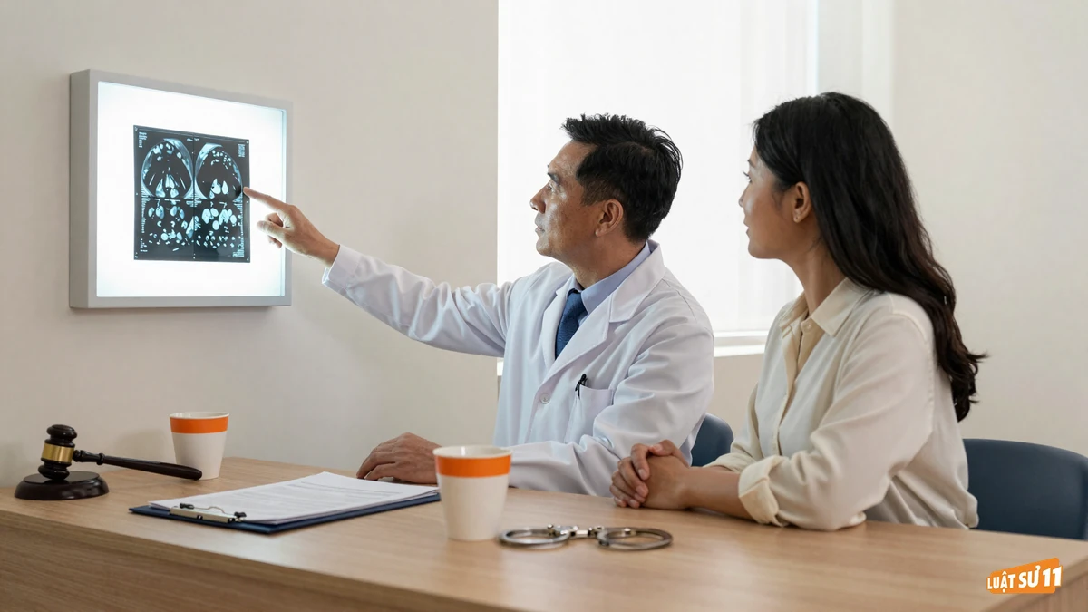 Bác sĩ giải thích phim chụp cắt lớp cho người nhà bệnh nhân trong phòng khám bệnh viện