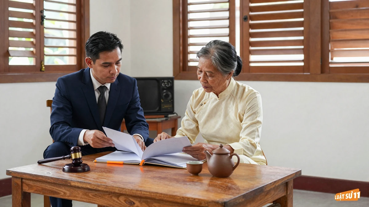 Luật sư cùng người mẹ lớn tuổi xem lại hồ sơ bản án bên bàn trà trong nhà