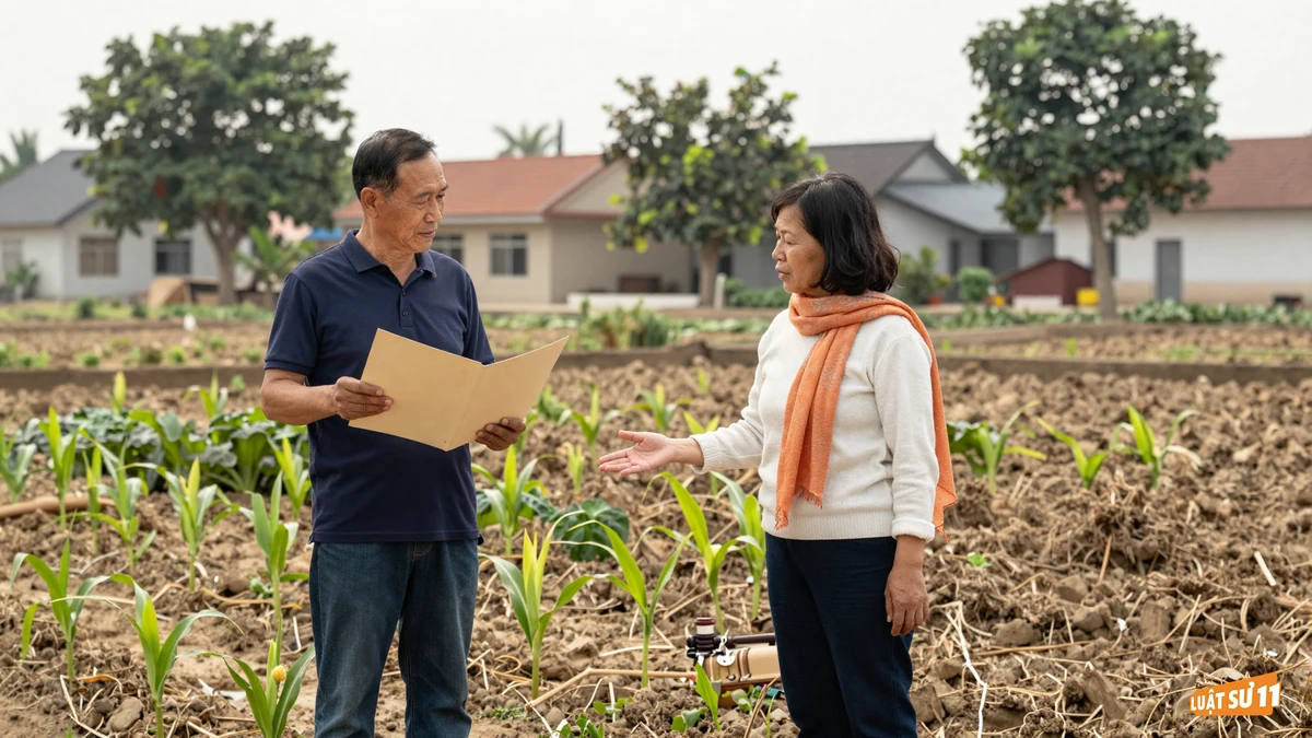 Hai vợ chồng đứng bên ruộng ngô và rau, cầm tập hồ sơ nhìn về thửa đất