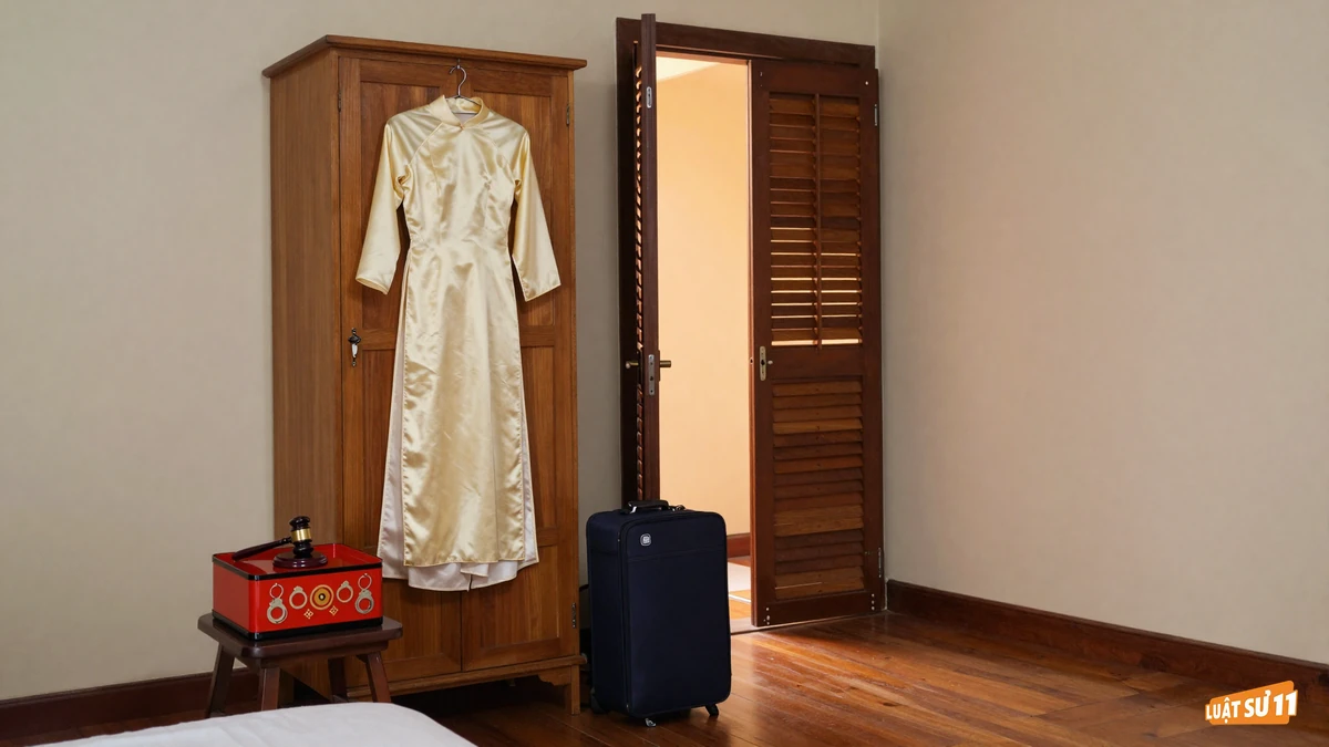 Phòng ngủ lúc chiều tối có áo dài cưới treo, mâm quả đậy kín và vali đặt cạnh cửa