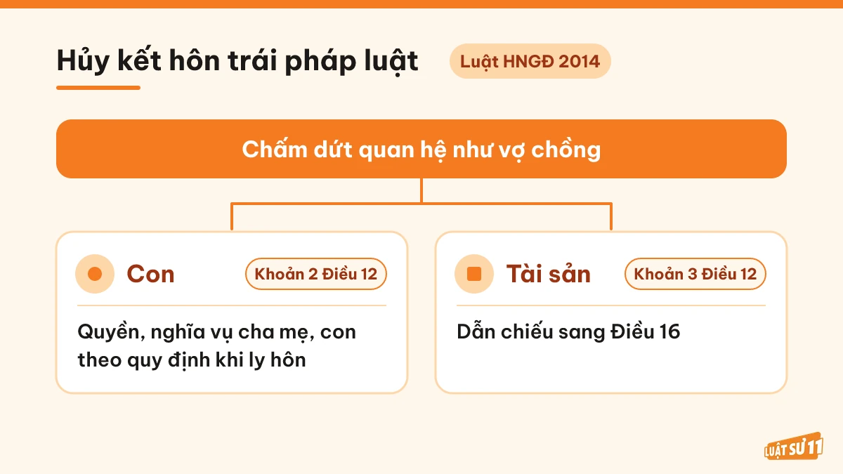 Sơ đồ hệ quả hủy kết hôn trái pháp luật đối với con và tài sản theo Điều 12