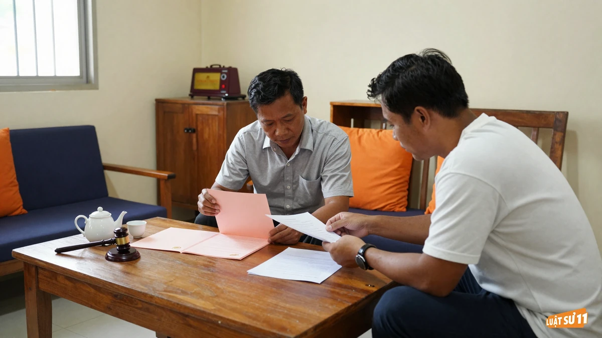 Người mua và người bán ngồi bên bàn trà gỗ, cùng xem sổ giấy tờ nhà đất và bản thỏa thuận