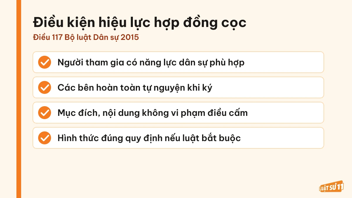 Danh sách bốn điều kiện để hợp đồng đặt cọc mua đất có hiệu lực theo Bộ luật Dân sự