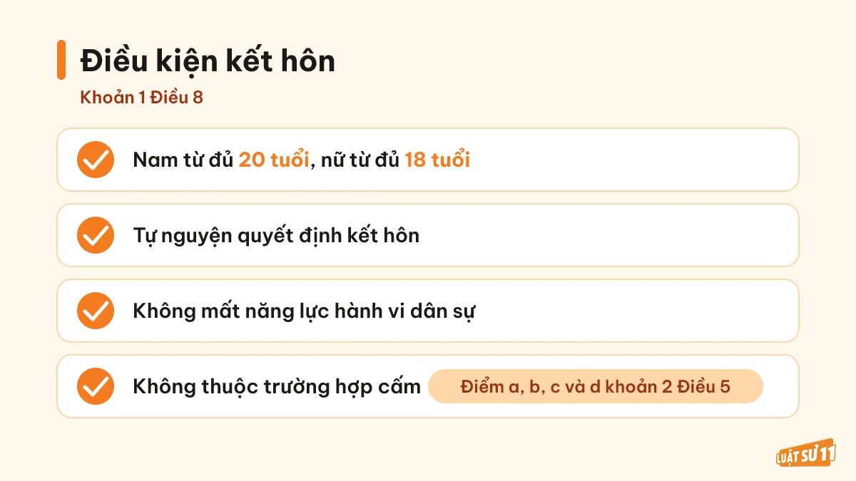 Bốn điều kiện kết hôn theo khoản 1 Điều 8 Luật Hôn nhân và gia đình 2014