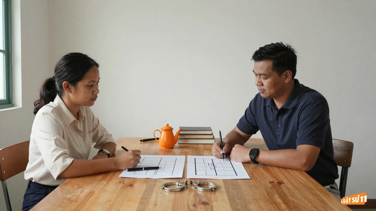 Hai người hàng xóm ngồi đối diện bên bàn gỗ, giữa là biên bản trống và sơ đồ hai thửa đất