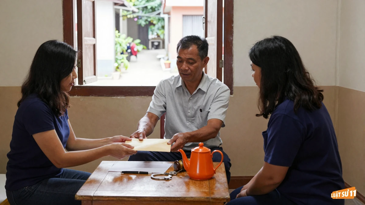 Người đàn ông trao phong bì màu kem cho người phụ nữ qua bàn gỗ trong phòng khách gia đình