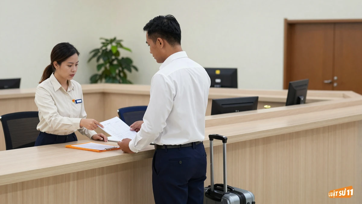 Người đàn ông tại quầy tiếp nhận, nhân viên đưa tờ đơn trống và hướng dẫn cách điền