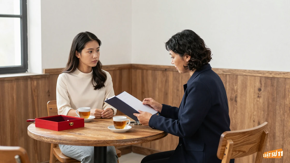 Người phụ nữ trẻ ngồi trao đổi với người tư vấn, hộp tráp cưới chưa mở đặt bên cạnh