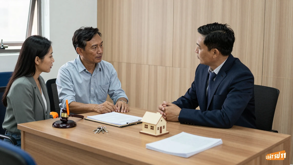Chủ nhà và nhân viên ngân hàng ngồi trao đổi bên bàn gỗ, trên bàn có tập hồ sơ nhà, mô hình ngôi nhà và chùm chìa khóa