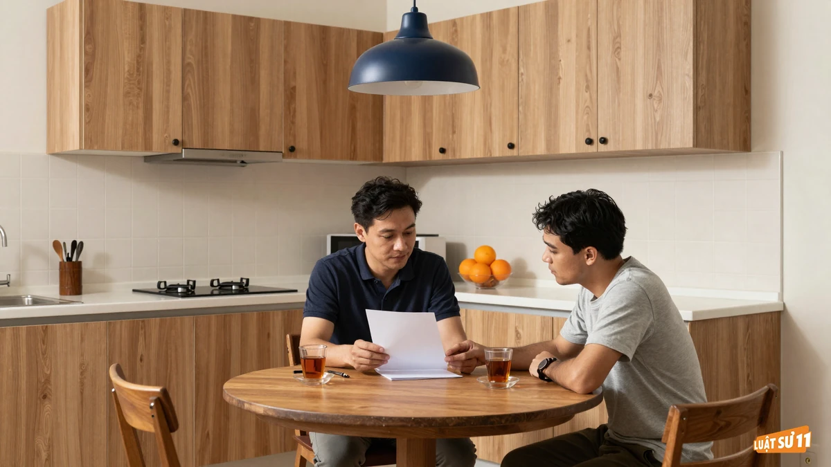 Chủ nhà và người thuê ngồi bàn gỗ trong gian bếp mới cải tạo, cùng xem một tờ giấy