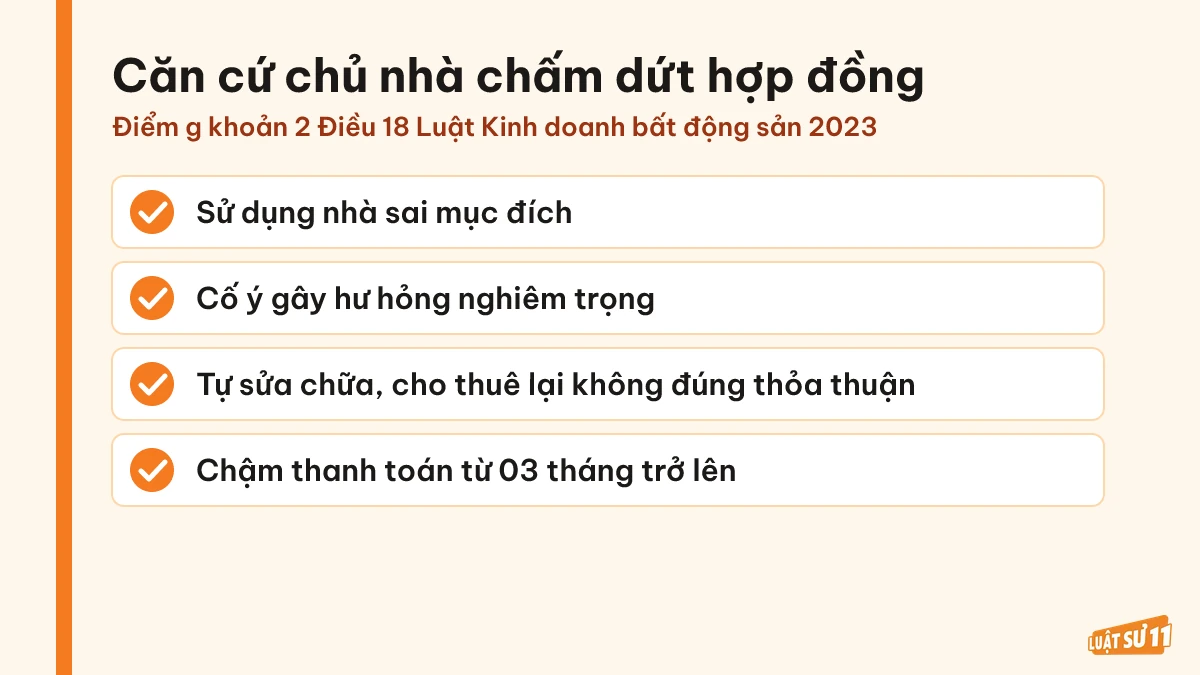 Danh sách các căn cứ để bên cho thuê đơn phương chấm dứt hợp đồng thuê nhà