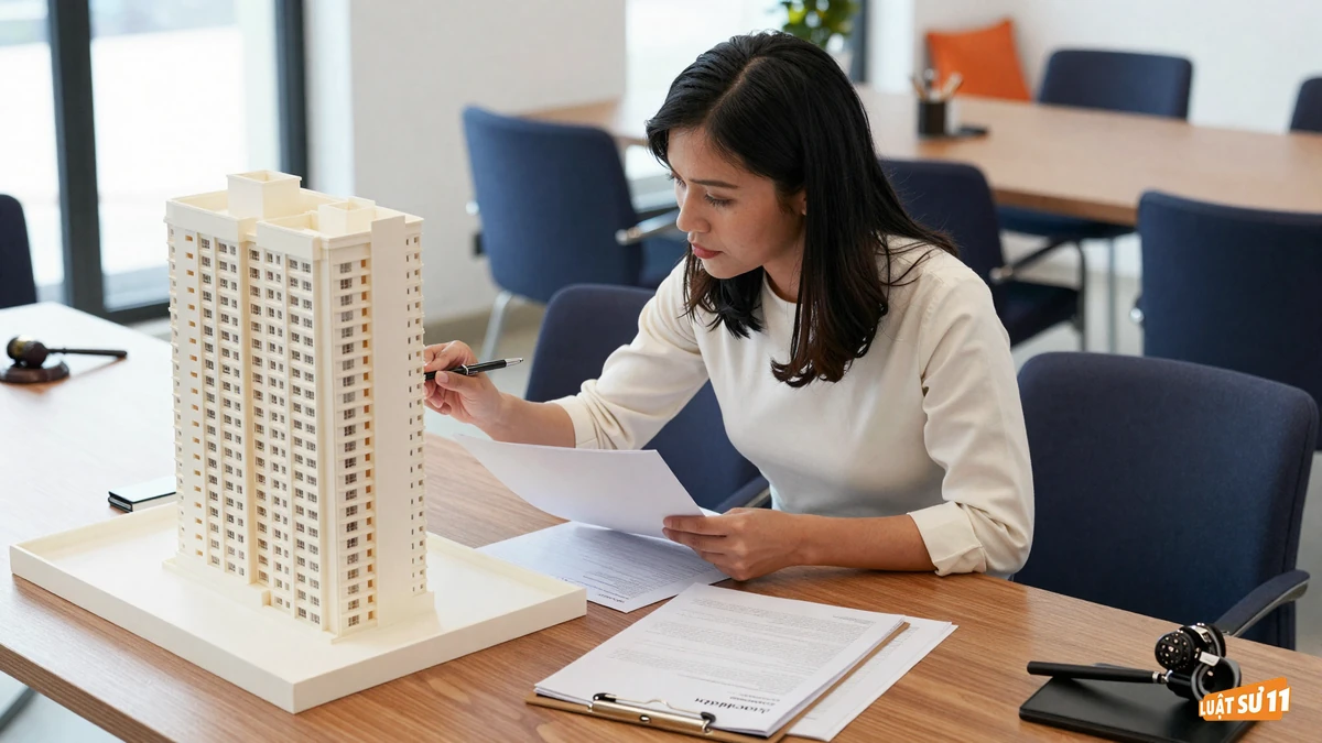 Người phụ nữ xem mô hình tòa căn hộ và đối chiếu tài liệu dự án trên bàn gỗ tại nhà mẫu