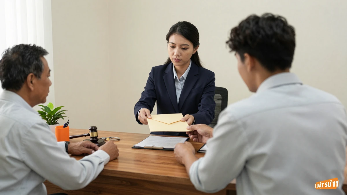 Nhân viên ngân hàng trao phong bì giấy tờ cho người mua nhà tại bàn tư vấn bằng gỗ