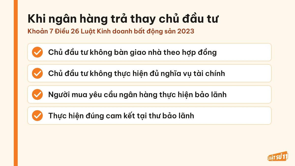 Các điều kiện để ngân hàng thực hiện nghĩa vụ tài chính thay chủ đầu tư cho người mua