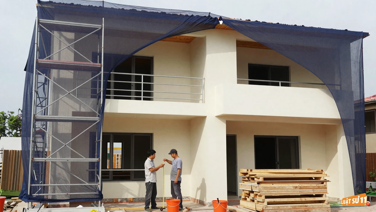 Chủ nhà và thợ xây đo chiều sâu ban công căn nhà phố đang xây trong khu dự án