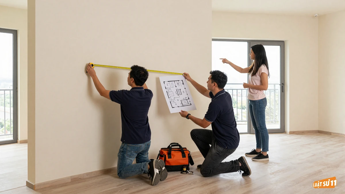 Hai người đo căn hộ tái định cư trống và đối chiếu với bản vẽ mặt bằng