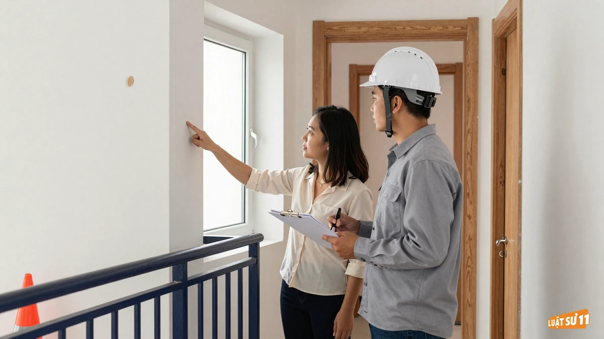 Người dân chỉ vết nứt trên tường hành lang chung cư tái định cư cho kỹ sư xem