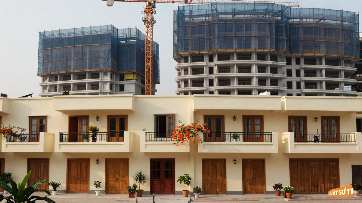 Dãy nhà liền kề đã hoàn thiện phía trước tòa chung cư đang xây dựng với cần cẩu