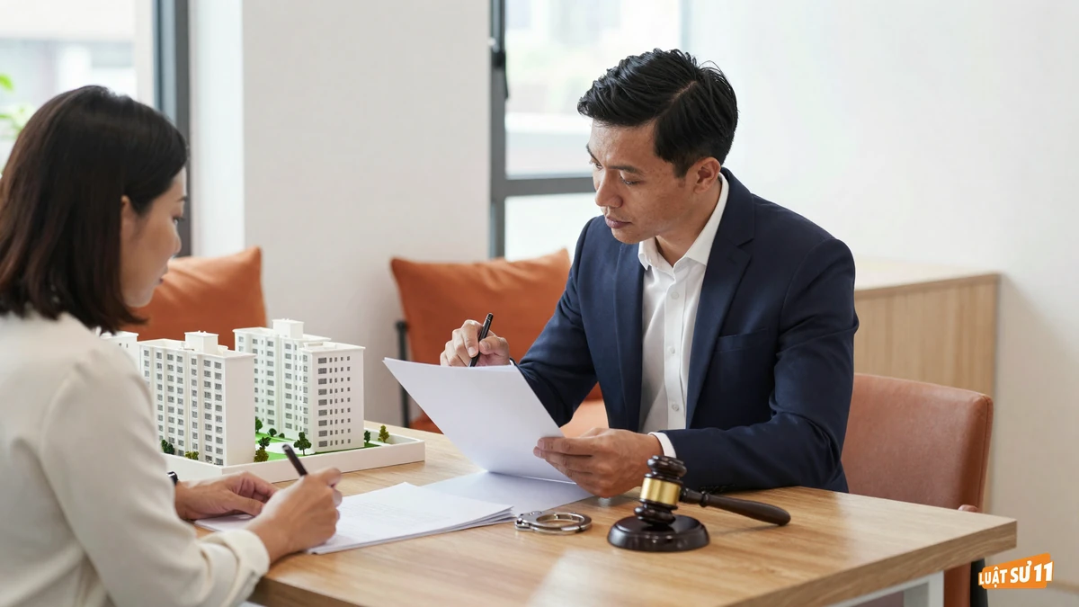 Người mua nhà đọc kỹ hợp đồng cùng đại diện chủ đầu tư bên bàn gỗ có mô hình dự án