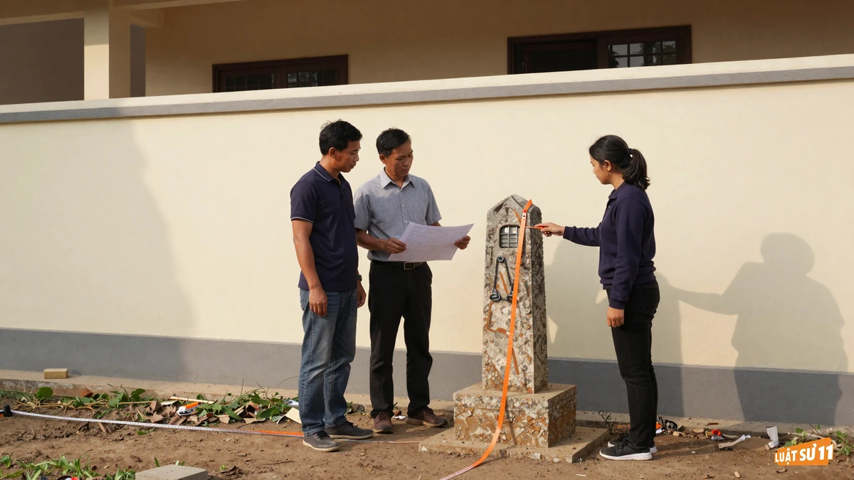 Hai người hàng xóm đứng cạnh tường nhà mới xây vượt qua cột mốc ranh giới đất