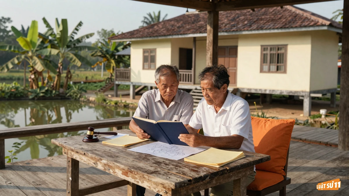 Vợ chồng ngồi bên bàn gỗ trước hiên nhà xem giấy tờ đất cũ, phía sau là ao nhỏ