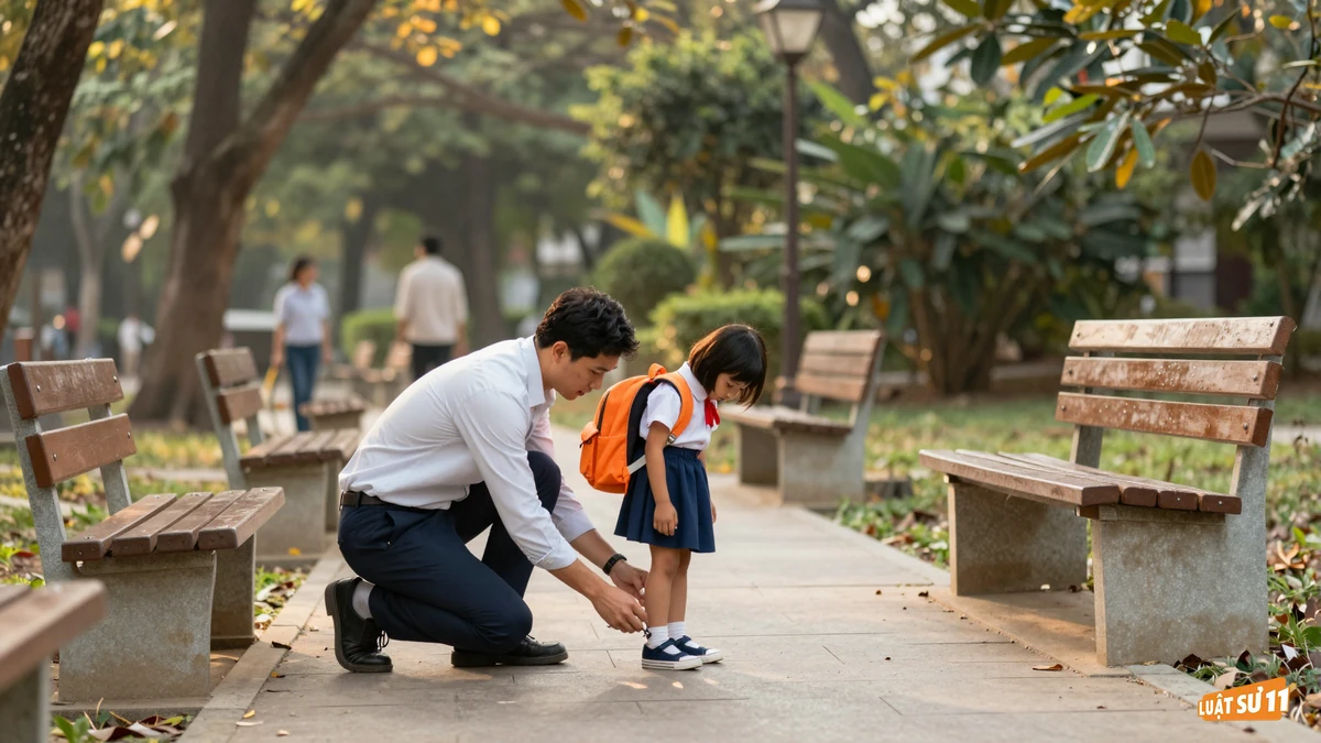 Người cha quỳ buộc dây giày cho con gái đeo ba lô cam trong công viên buổi chiều