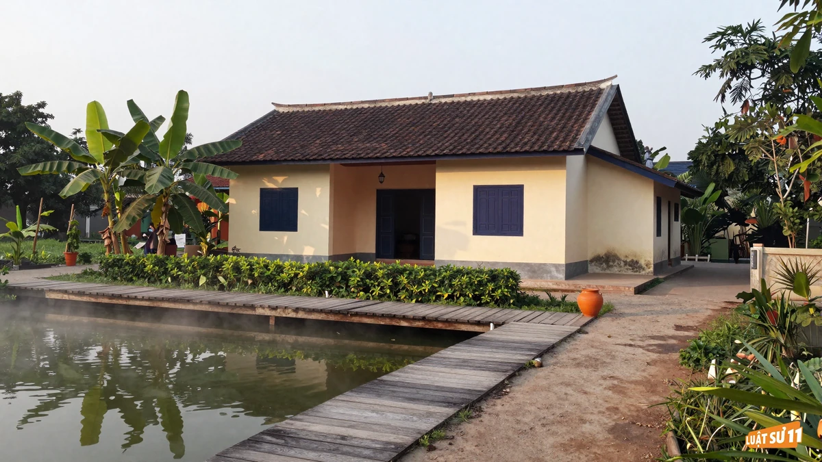 Ngôi nhà tường kem bên khu vườn chuối, rau xanh và ao cá trong cùng khu đất