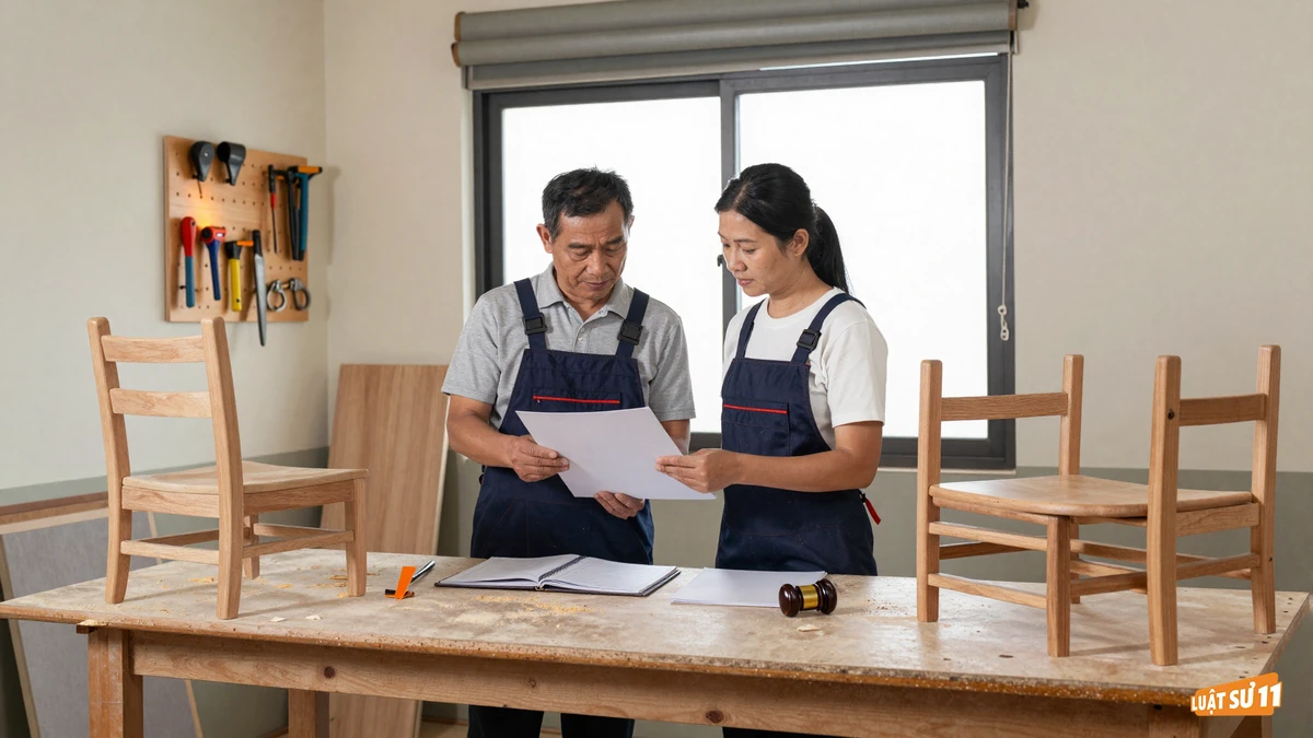 Vợ chồng trung niên cùng xem hồ sơ bên bàn gỗ trong xưởng nội thất gia đình