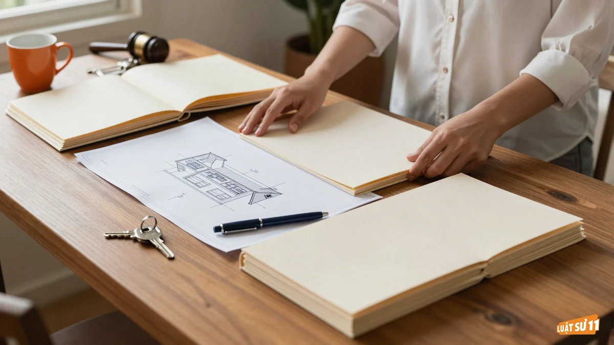 Bàn gỗ với bản vẽ công trình, các bìa hồ sơ và chùm chìa khóa đang được sắp xếp